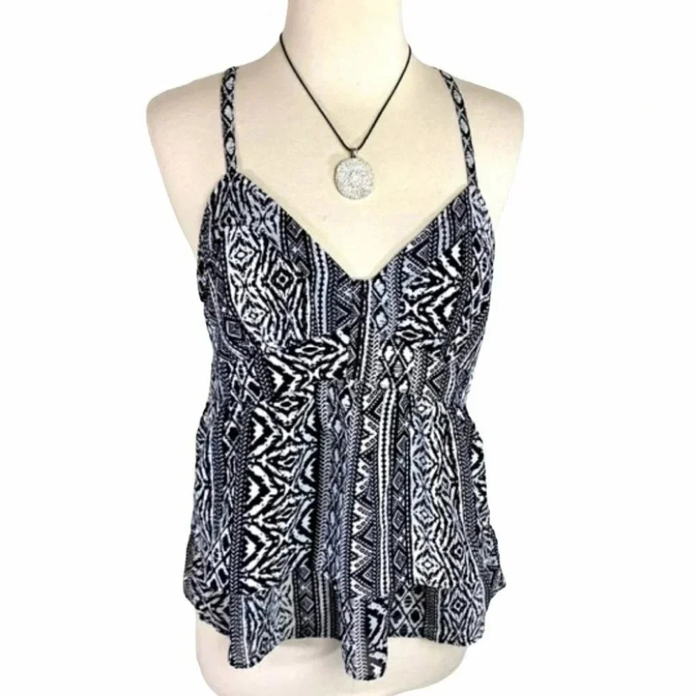 American Eagle‎ Geometric Print Camisole S Black White Tiered Racerback Tank